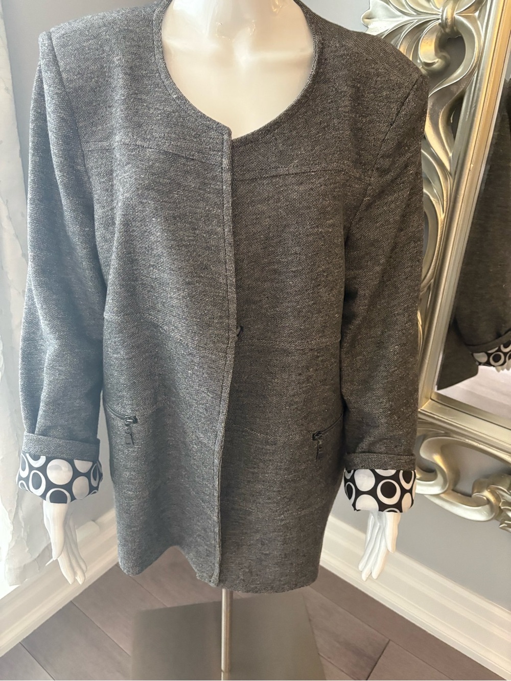 Gray Open-Front Wool Blend Coat with Patterned Cuffs - purchased in Paris